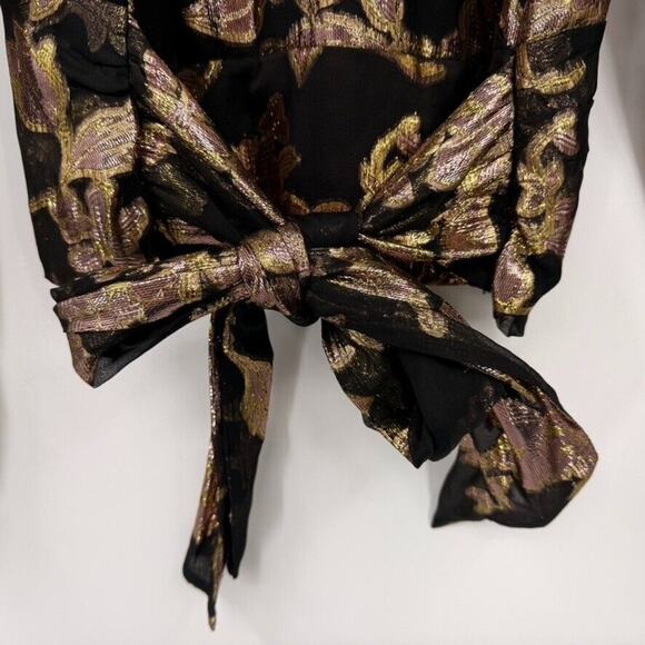 Ramy Brook Womens 8 Metallic Floral Print Long Sleeve V Neck Wrap Top Black Gold - Picture 6 of 10